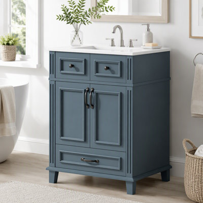 Meuble-lavabo de 24 po avec lavabo en céramique, armoire de rangement en bois massif avec portes à fermeture douce, style rétro