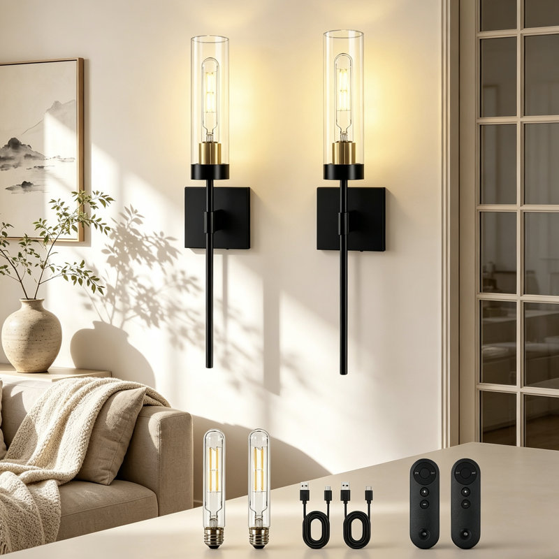2-Pack Battery Operated Wall Sconce With Remote Control (Bulbs Included), Dimmable Wireless Wall Light For Bedroom Living Room  Hallway