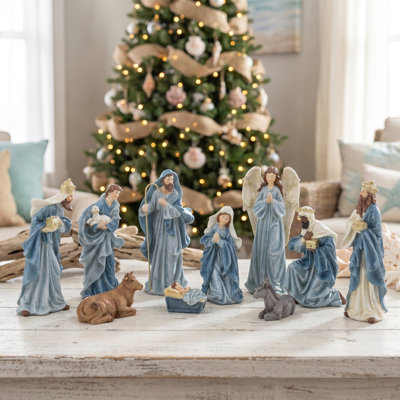 10Pcs Celestial Blue Resin Nativity Figurine Set