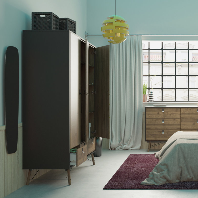 Levine 3 Door Manufactured Wood Wardrobe, Walnut/Black