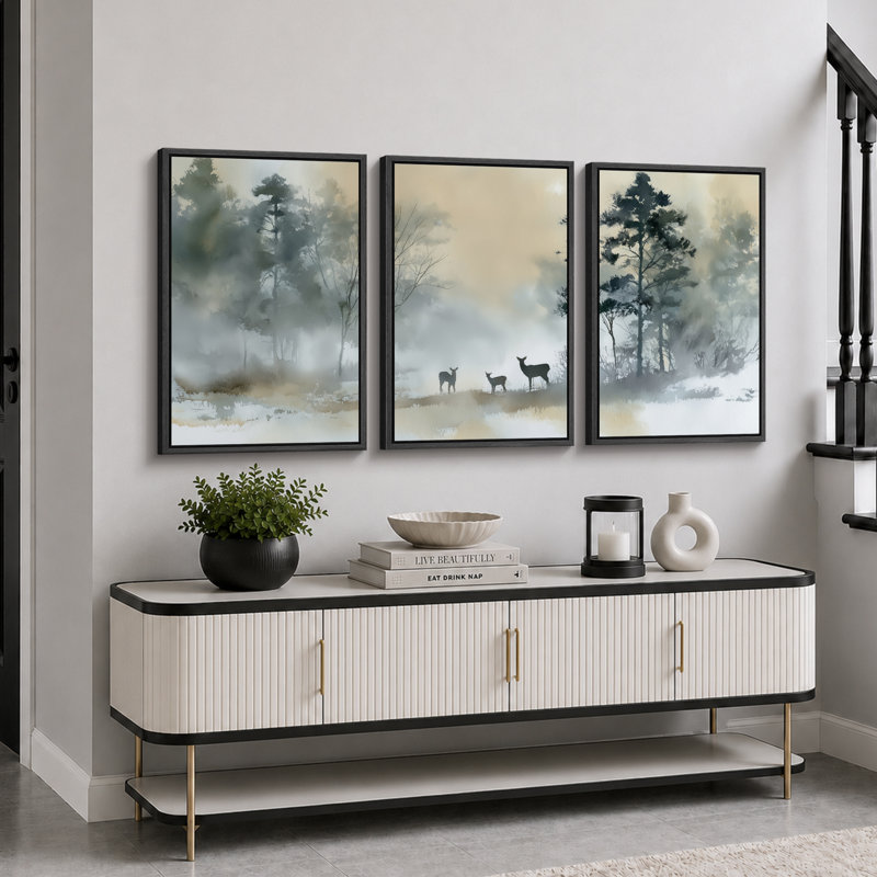 Misty Winter Deer Woodland Landscape, H 24 po x l 48 po x P 1,5 po, Cadre noir