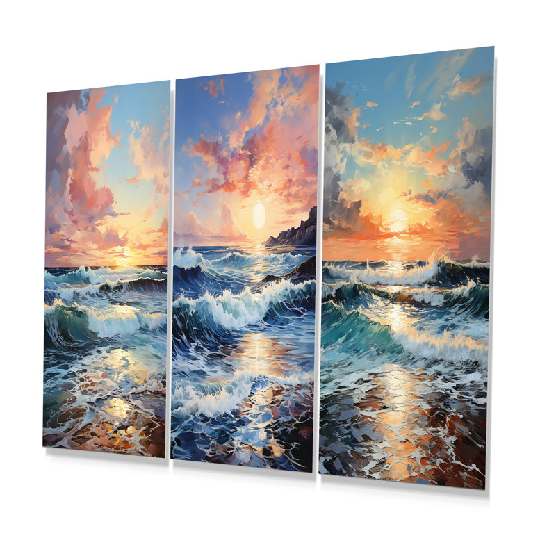 Plage, lever de soleil, horizon tranquille - océan, ensemble de 3 reproductions d'art mural en métal, H 28 po x l 36 po