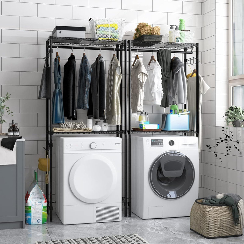 Tablette de rangement robuste pour laveuse et sécheuse à hauteur réglable, organisateur de buanderie à 2 niveaux avec support de séchage et crochets pour la salle de lavage, la salle de bain et la chambre à coucher
