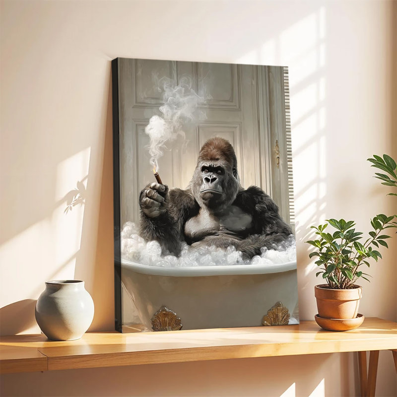 Gorille prenant un bain moussant avec un cigare, peinture à l'huile, grande toile tendue sur châssis, impression d'art mural pour salon ou chambre