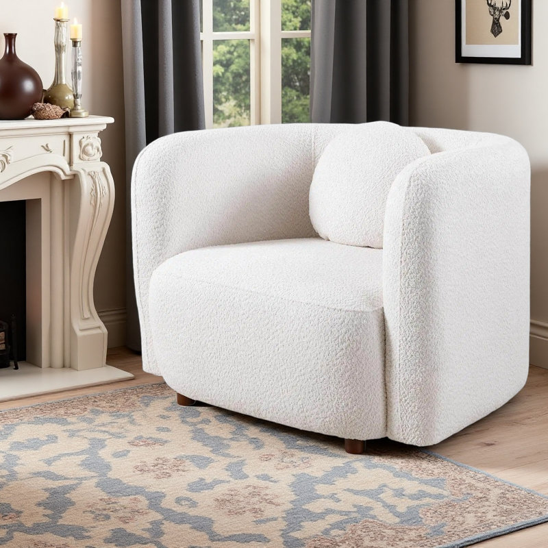 39" Wide Cozy Modern Boucle Barrel Armchair, 28" Seat Depth Accent Chair with Solid Wood Frame, Elegant White