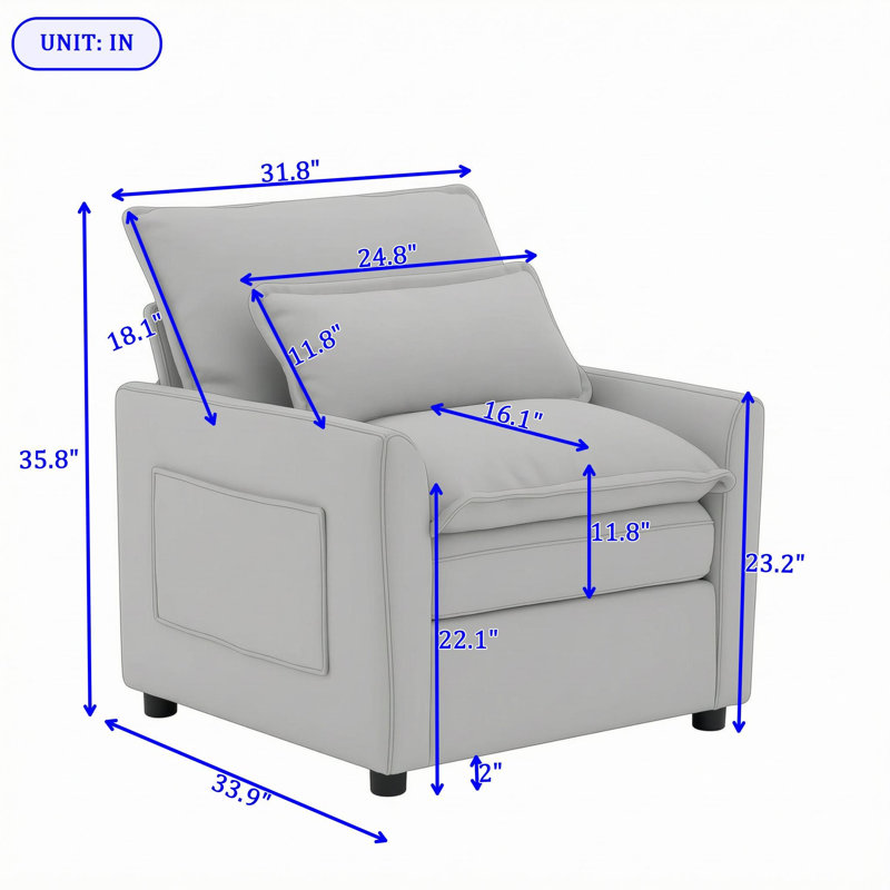 Chaise d'appoint avec accoudoirs roulés, coussin à ressorts ensachés, coussin lombaire et deux poches de rangement latérales