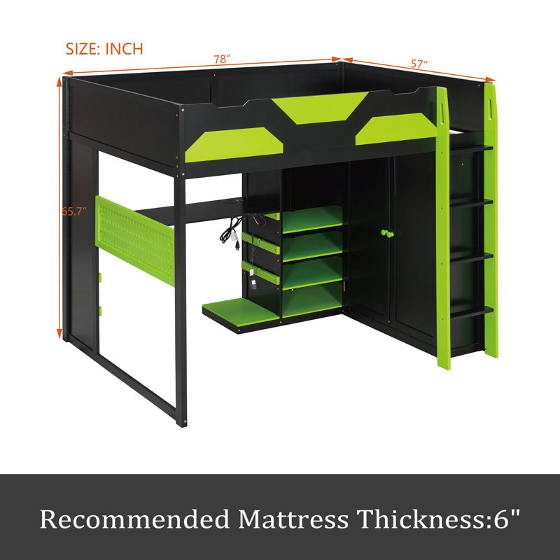 Lit mezzanine double en bois avec bureau, Vert