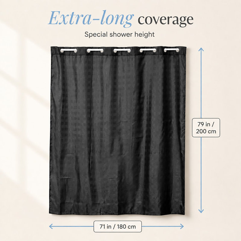 Cubic Hookless Extra Long Shower Curtain Polyester, Black