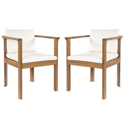 Ensemble de 2 chaises de salle à manger d'extérieur avec accoudoirs courbés en bois d'acacia, finition teck et coussins crème