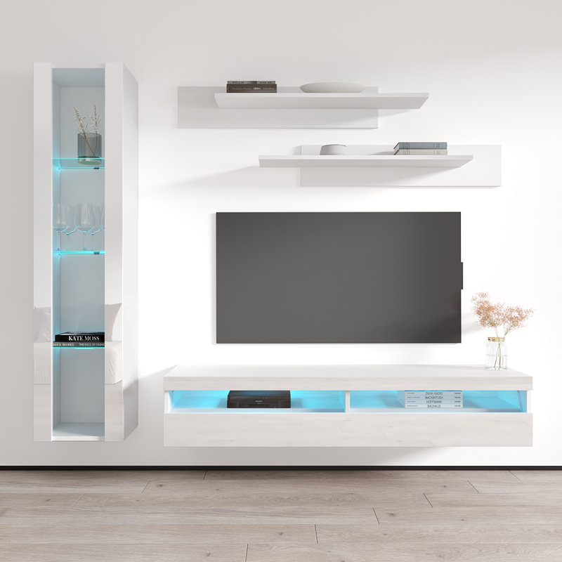 Lineberry 85" Modern Floating Wall Mounted Entertainment Center with 16-Color LED Lighting, High Gloss Finish, White