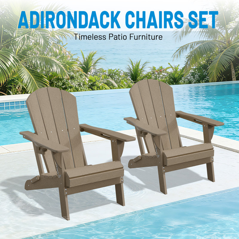 HDPE All-Weather Foldable Adirondack Chair with Cup Holder (Set Of 2,Brown), Brown, Set Of 2