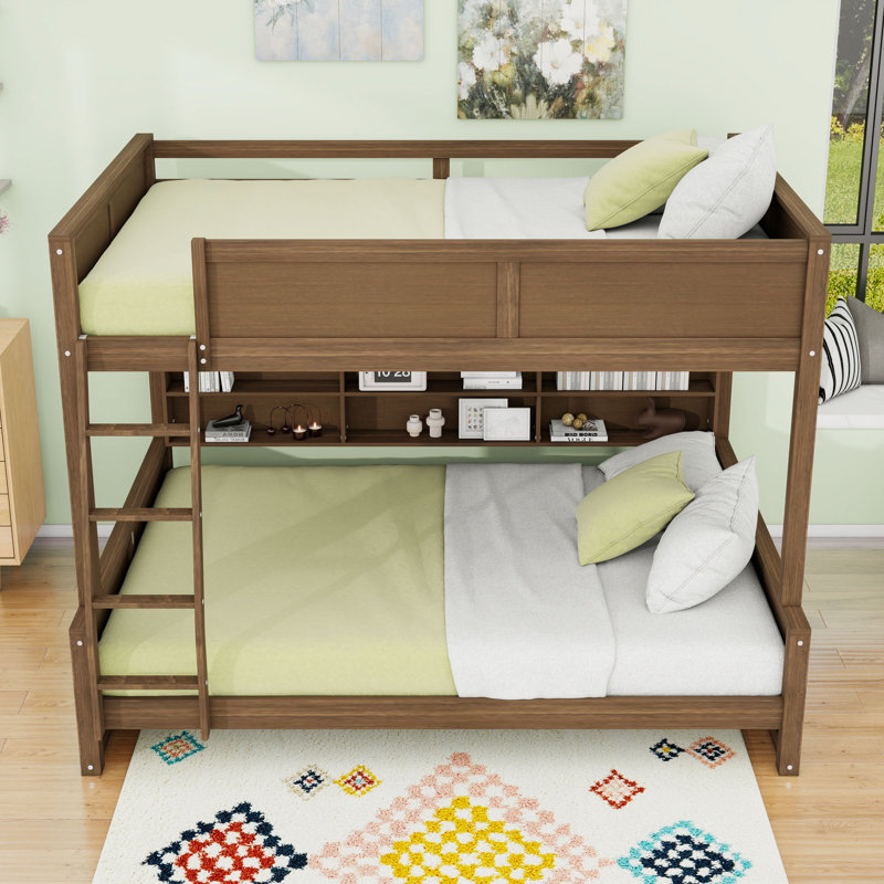 Lit superposé en bois avec ports USB intégrés et tablettes, échelle, Double TG sur grand, Bois antique