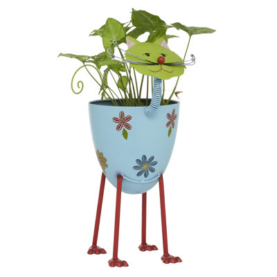 1 Piece Metal Cat Indoor Outdoor Blue Planter with Flower Pattern