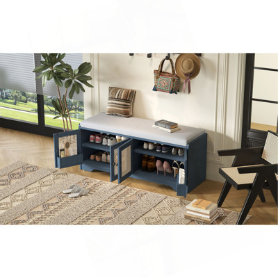 Rustic Storage Bench Multifunctional Wood Entryway Shoe Bench With Removable Cushion, Woven Rattan Doors & Adjustable Shelves For Hallway, Living Room