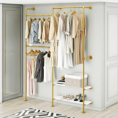 Industrial Pipe Wall-Mounted Clothing Rack With Double Hanging Rods And Shelves - Heavy Duty Storage Solution For Wardrobe, Bedroom, And Walk-In Closet