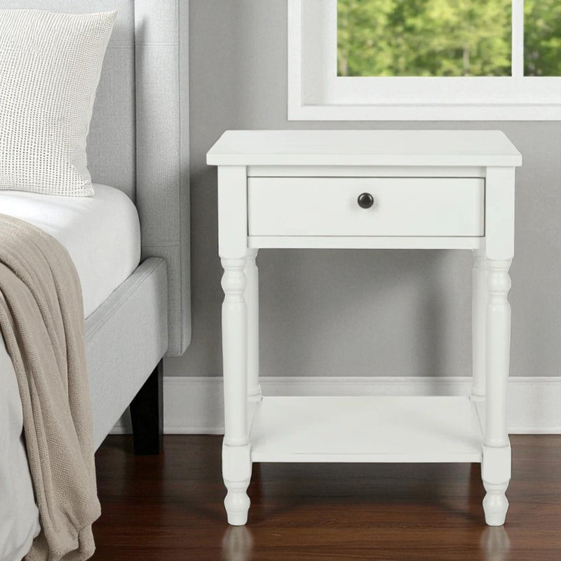 Tami Pine Nightstand - Vintage Style Solid Wood End Table with 1 Drawer & Open Shelf for Any Bedroom, Off White