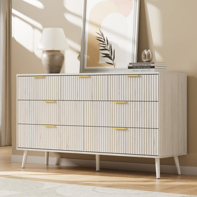 Fluted 7-Drawer Double Dresser For Bedroom, 55.1" Modern Chest Of Drawers With Deep Drawers, Curved Profile Design, Wood Drawer Organizer For Living Room, Hallway, Nursery, Hallway Closet