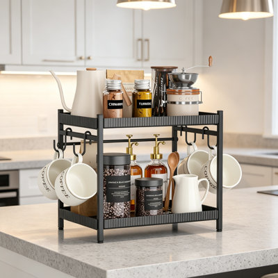 2-Tier Countertop Coffee Bar Organizer with Mug Hooks & Spice Shelf