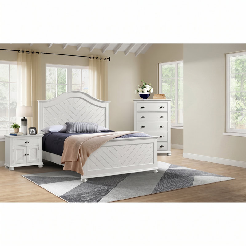 Govia Panel Bedroom Set In White, Queen, 3 Pcs: Bed, Chest, Nightstand