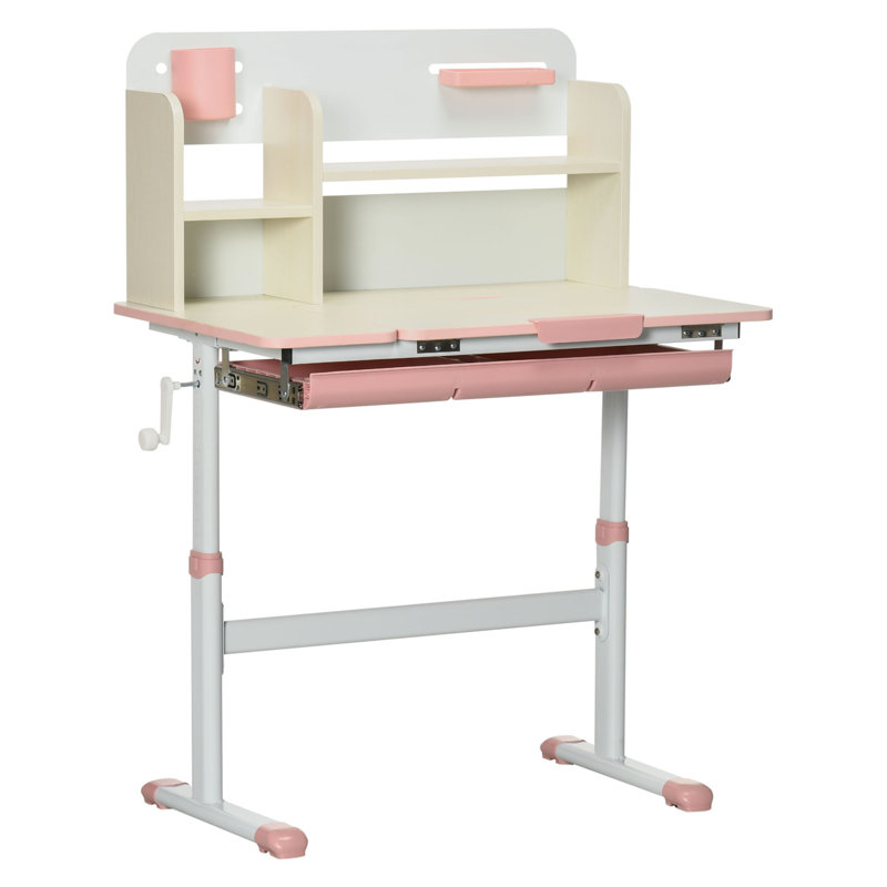 Bureau d'étude pour enfants à hauteur ajustable avec tablettes, table d'écriture pour enfants en panneau de fibres à densité moyenne rose