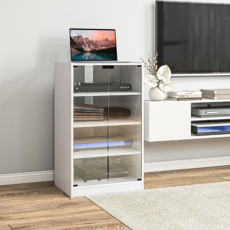 Support média moderne, 4 avec portes en verre trempé, tablettes réglables, gestion des câbles, armoire audio blanche pour récepteur et tuners, tablettes et gestion, frais