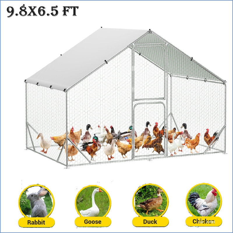 Large Metal Chicken Coop, Walk-in Poultry Cage, Spire-shaped Chicken Run Pen Dog Kennel Duck House With Waterproof And Anti-uv Cover For Outdoor Farm Use, 9.8' W X 6.5' H