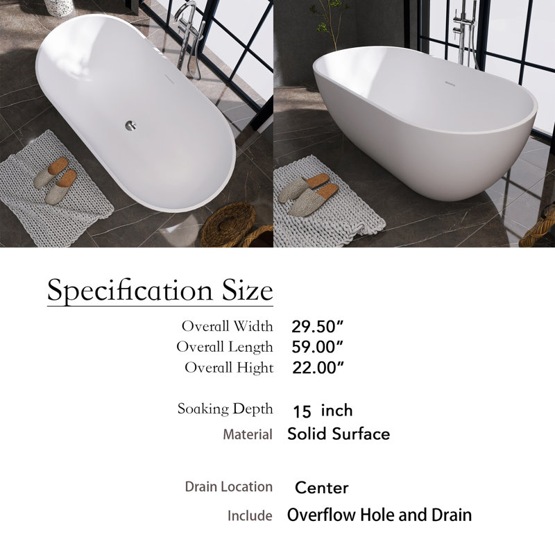 59'' x 29.5'' Freestanding Soaking Solid Surface Bathtub with Center Drain in White