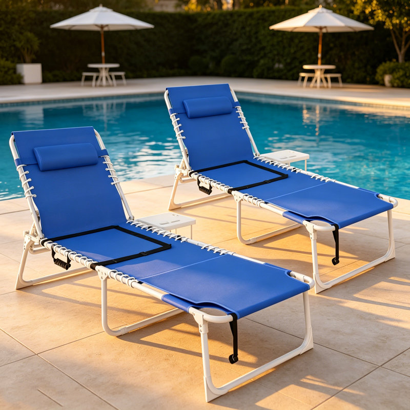 4-Piece Pool Lounger Set With Folding Side Tables – Beach Chairs With Face Hole, Arm Openings & 5-Position Recline, Mesh Backpack Chairs For Outdoor Patio, Poolside, Travel