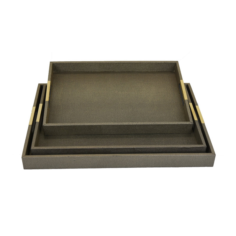 Koi 3pc Nested Serving Tray Set, Faux Shagreen Texture, Bronze Wood