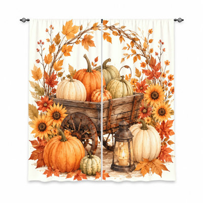 2Pcs Autumn Harvest Cart Pumpkins Sunflowers Leaves Print Curtains, Watercolor Style, Farmhouse Theme, Decorative Window Drapes, Ideal for Home, Kitchen, Seasonal Decor, Gift, Rod Pocket Hanging, Light Filtering Fabric