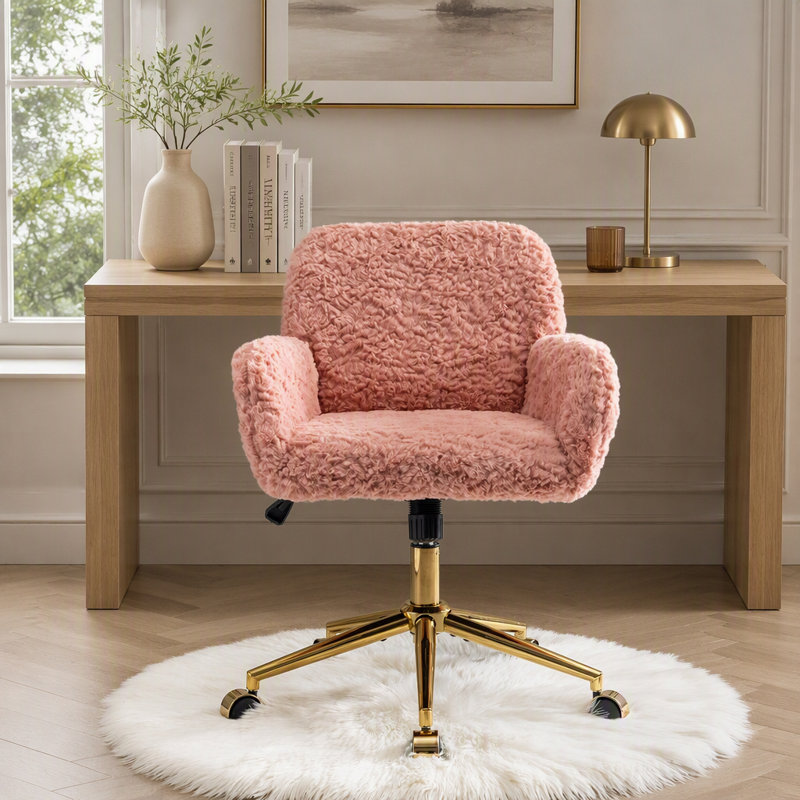 Chaise de bureau à domicile en poils de lapin artificiels avec base en métal doré, chaise de bureau pivotante et réglable, chaise de coiffeuse (rose)
