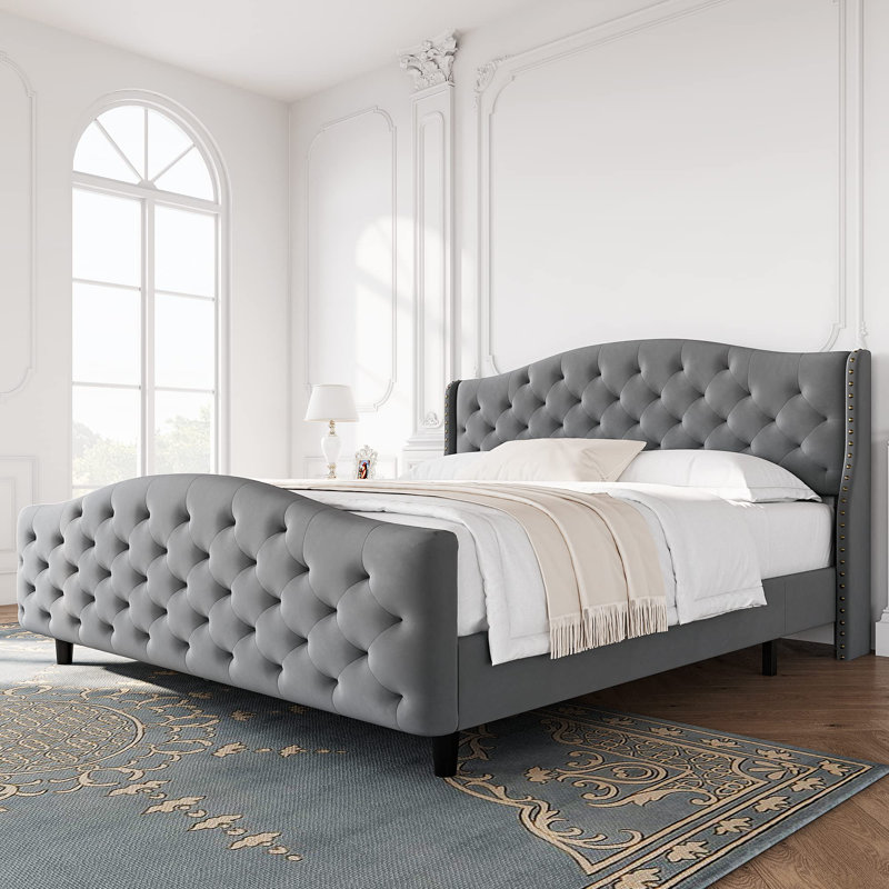 Velvet Platform Bed Frame W/Headboard And Footboard Upholstered Bed Frames, Gray, King