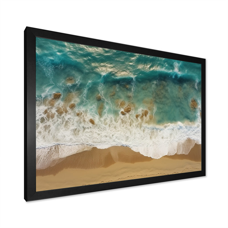 Vue aérienne des vagues tranquilles 1 - plage, art mural, Cadre d'angle fermé noir, H 12 po x l 20 po x P 1 po