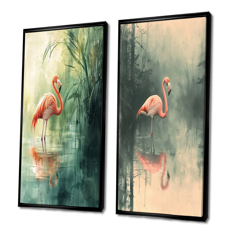 Flamant rose dans le marais I - animaux, art mural 2 pièces, H 40 po x l 41 po, Cadre flottant noir