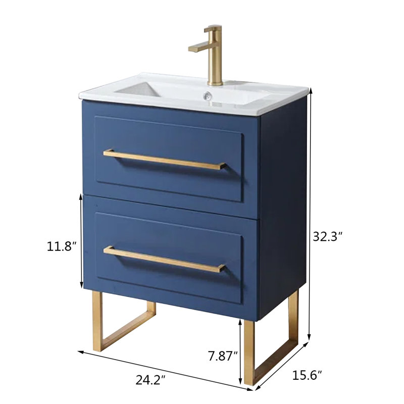 Meuble-lavabo simple 24 po en bois bleu avec plateau en céramique