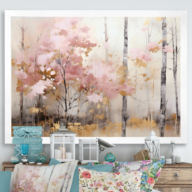 «Minimalisme rose et forêt dorée», reproduction sur toile, H 12 po x l 20 po x P 1 po, Cadre simple blanc