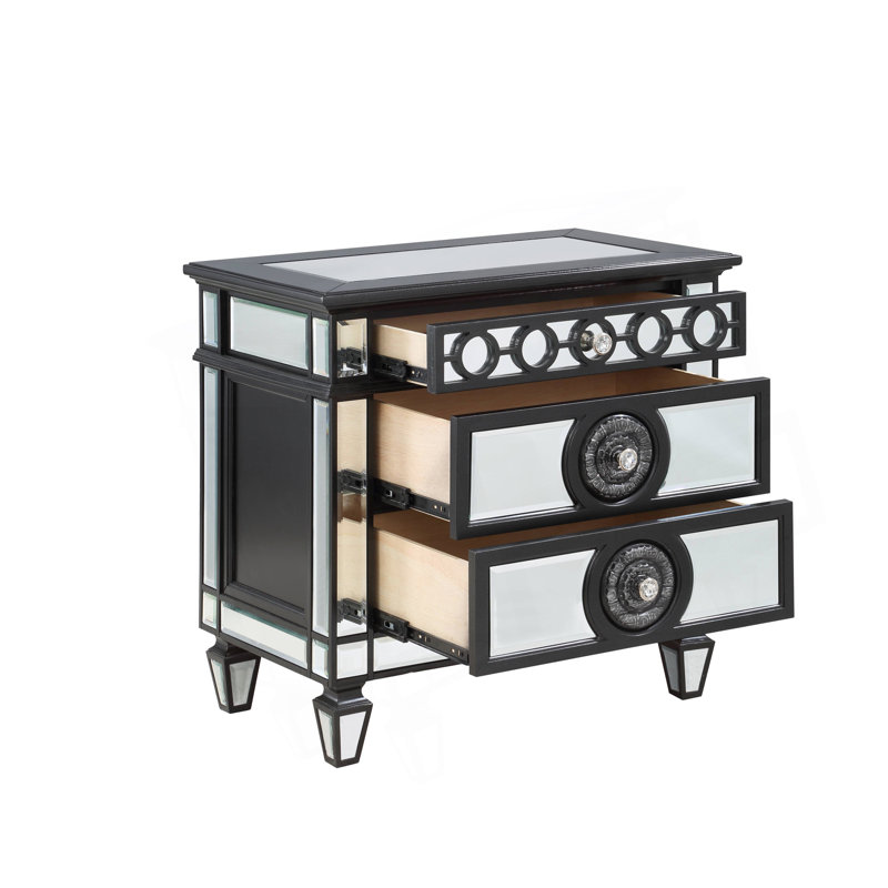 Varian II Mirrored, Black And Silver Finish Nightstand With Spacious Drawer For Modern Bedrooms And Elegant Storage Solutions