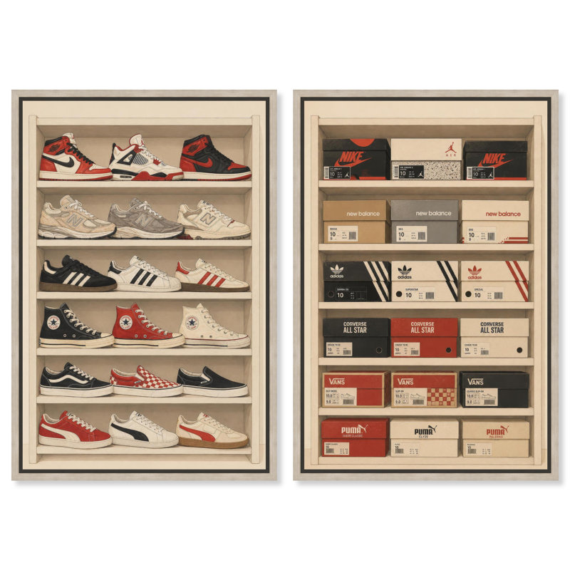 Collection élégante d'étagères à chaussures, toile encadrée, décoration murale pour chambre d'étudiant, par Art Remedy, cadre en chêne naturel, 36 x 54