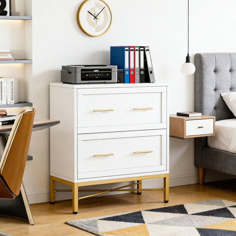 2 classeurs latéraux au design élégant blanc et doré, tiroirs entièrement extensibles, surface de travail de 31,4 po x P 15,7 po pour les décorations, verrouillage intégré, solution d'assemblage facile, finition avec garniture, surface
