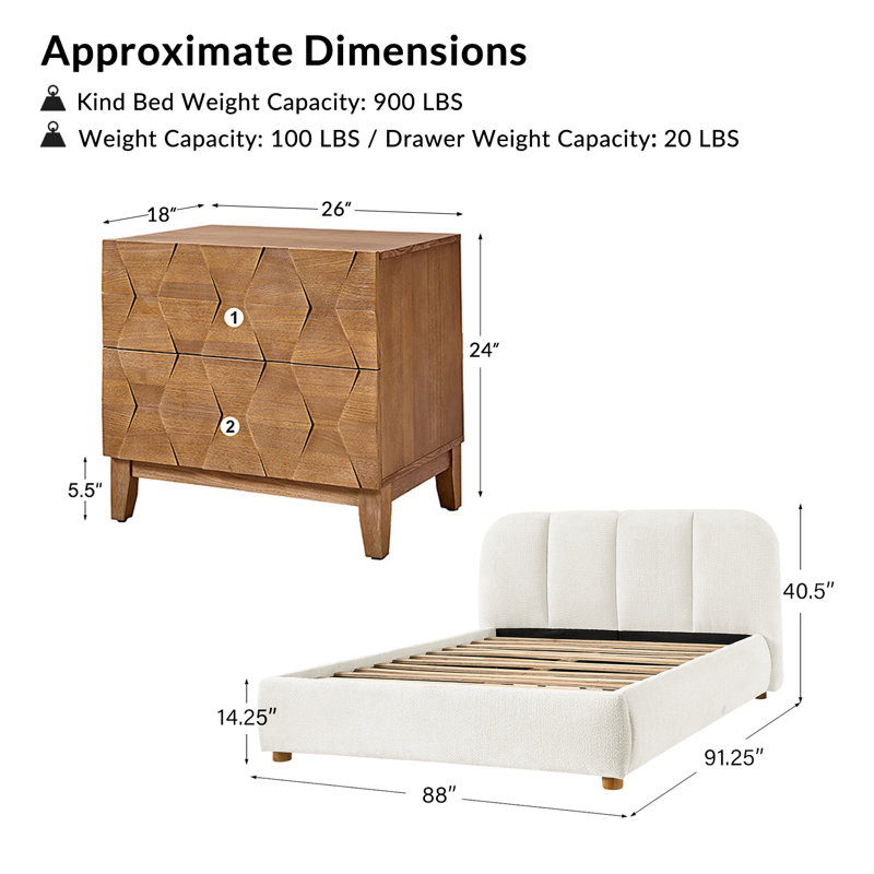 Ensemble de chambre à coucher 3 pièces avec éclairage intégré Isabele-Ivory, Grand