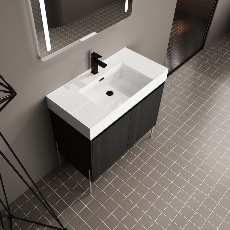 Armoire de salle de bain autoportante de 36 po avec lavabo en résine - texture chêne foncé Modern Grace