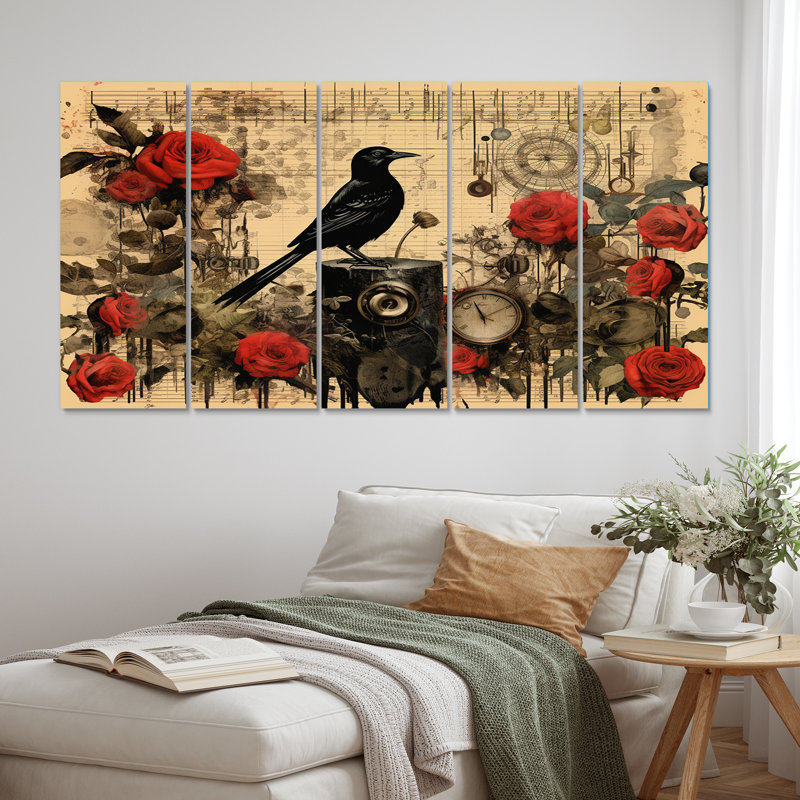 Black Crow Vintage Illustration III - impression sur toile de corbeau - 5 panneaux égaux