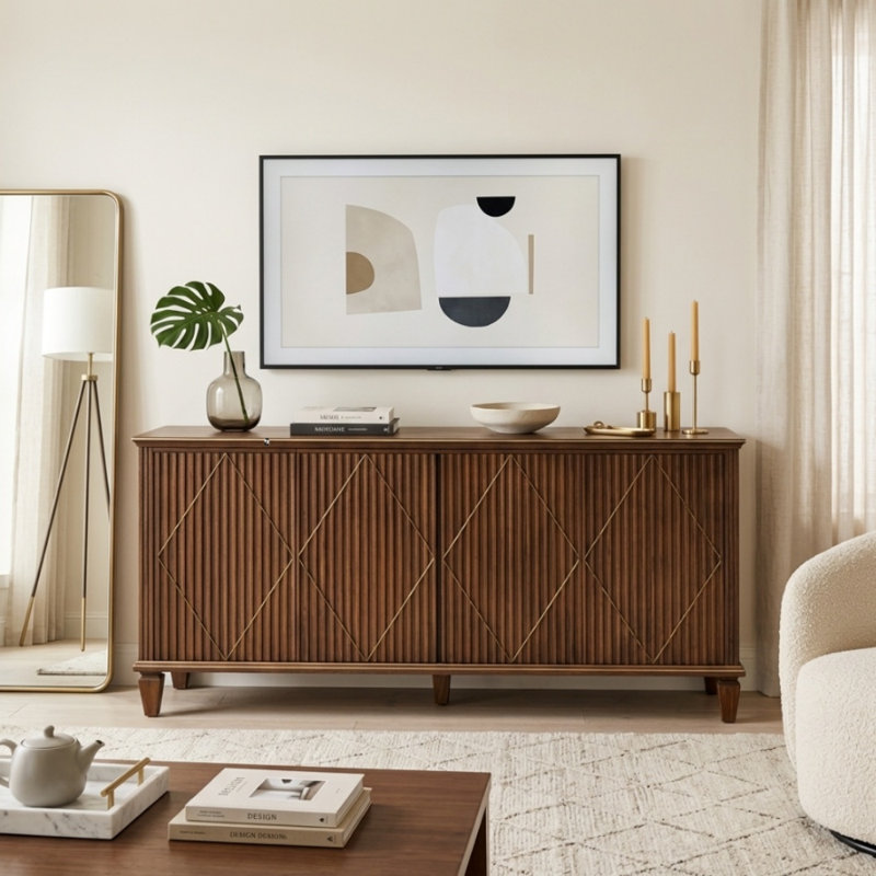 Meuble télé en bois de style moderne du milieu du siècle, 147,5 cm (58,1 po), console multimédia à 4 portes avec portes géométriques sculptées pour salon