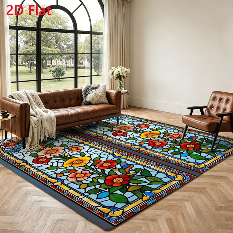 Vibrant Floral Stained Glass Area Rug, Artistic Home Decor, Non-Slip Soft Indoor Floor Mat for Living Room Bedroom Kitchen Patio Outdoor, Washable Rugs