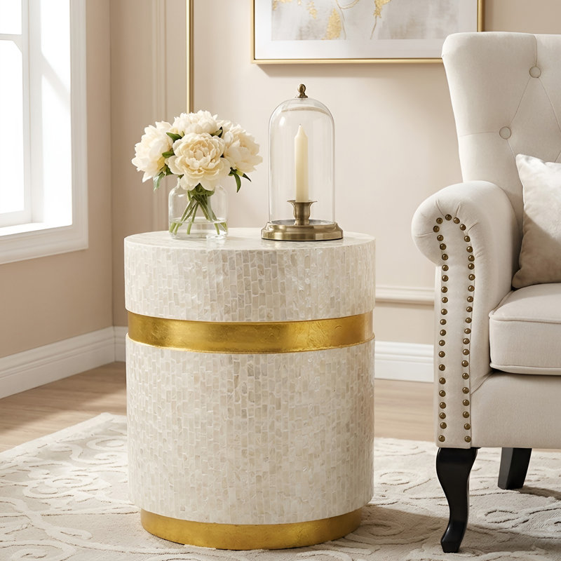 Table d'appoint en nacre avec base, Plateau beige / base dorée