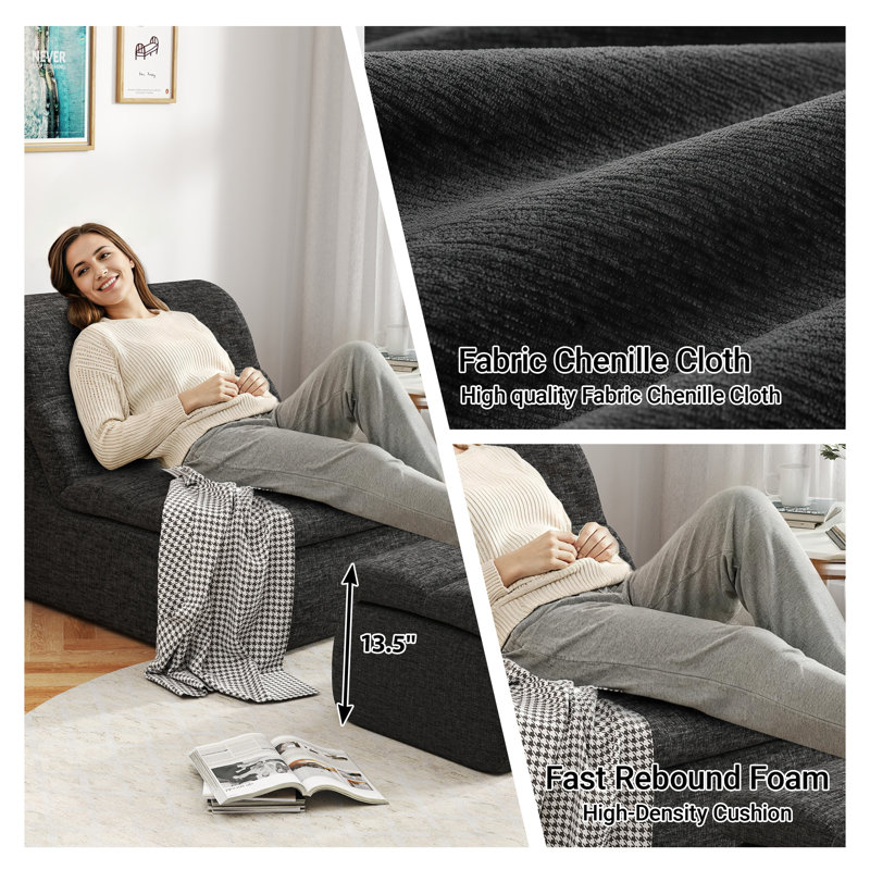 Armless Chenille Foam Bean Bag Lounger Chair with Ottoman, No Assembly Required, Black Chenille