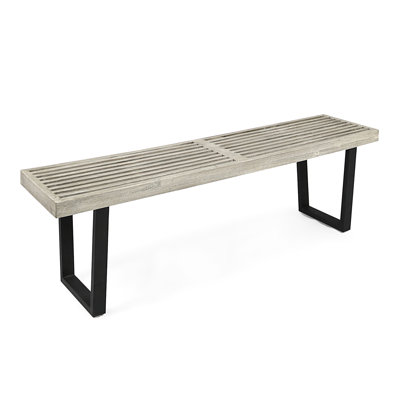 Contemporary Outdoor Dining Bench, Wood Surface, Closed Iron Legs, 60.92 In Length, Minimal, Artistic And Gray Wash Bench With Sleek Wood, Black Desig