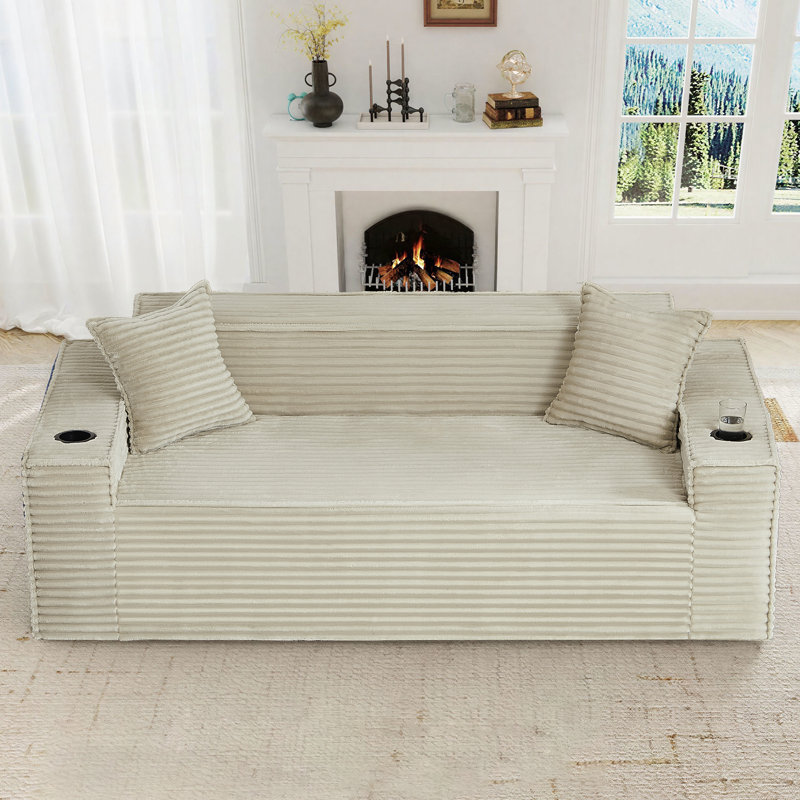 61'' W Boneless Bean Bag Sofa Loveseat Faux Fur Upholstered Floor Sofa With Pillows&Cup Holders&Side Pocket, Camel