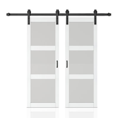 Porte de grange coulissante double en verre trempé givré 3-Lite 42 po. X 84 po. Avec poignée de quincaillerie