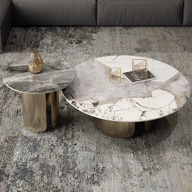 Ensemble de tables basses rondes White Stone, White / Bronze gold, 19.69" H x 39.37" W x 27.56" D